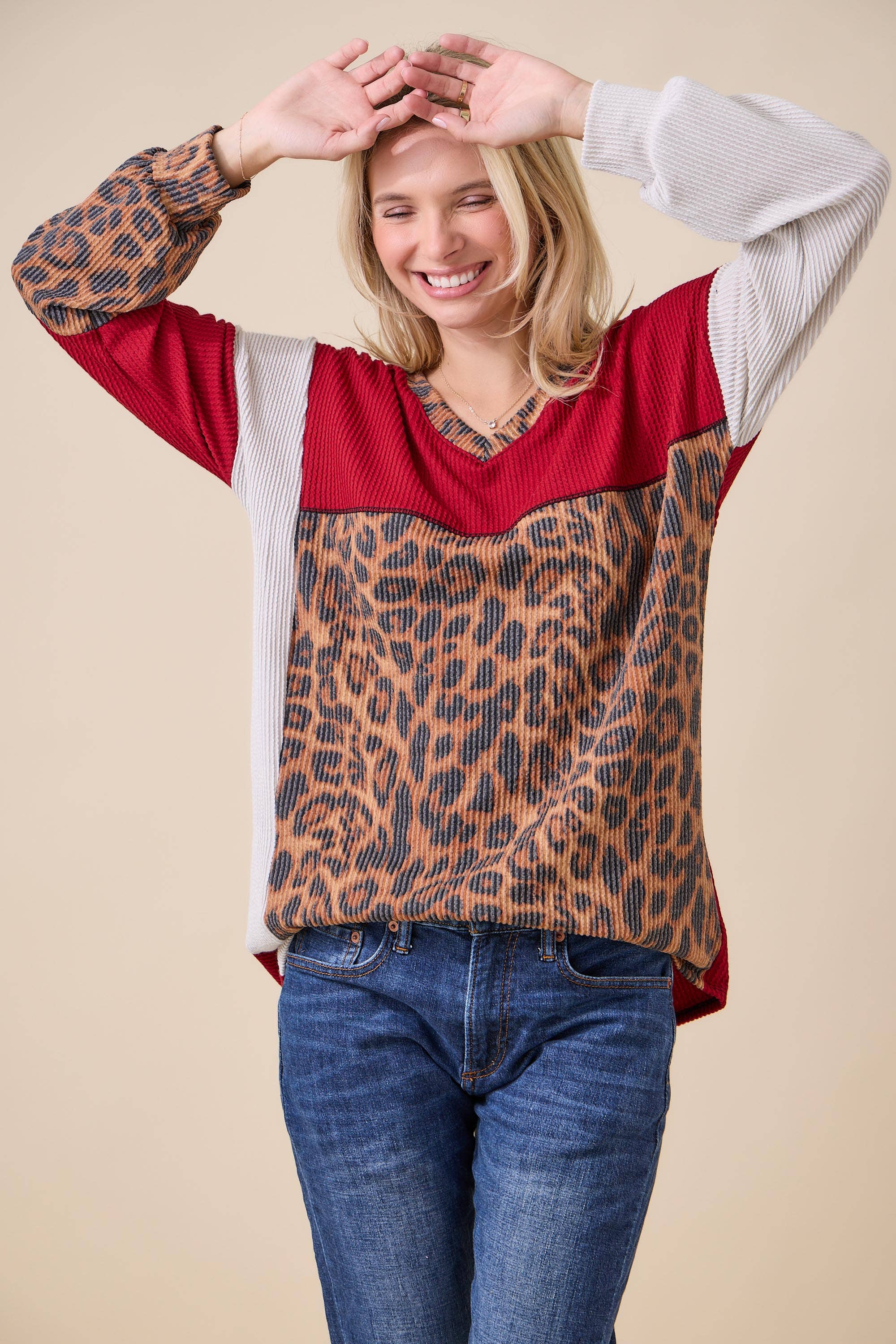 Celeste Clothing - Wholesale Knit Top - Women's - WOMEN'S RIB COLOR BLOCK ANIMAL PRINT LONG SLEEVE TOP19