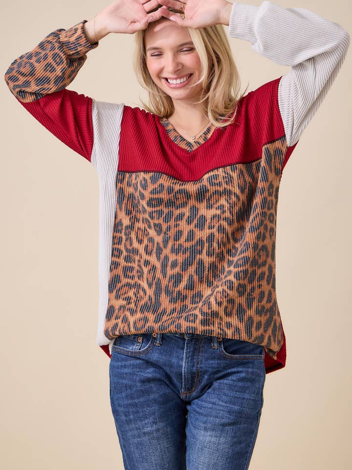 Celeste Clothing - Wholesale Knit Top - Women's - WOMEN'S RIB COLOR BLOCK ANIMAL PRINT LONG SLEEVE TOP19