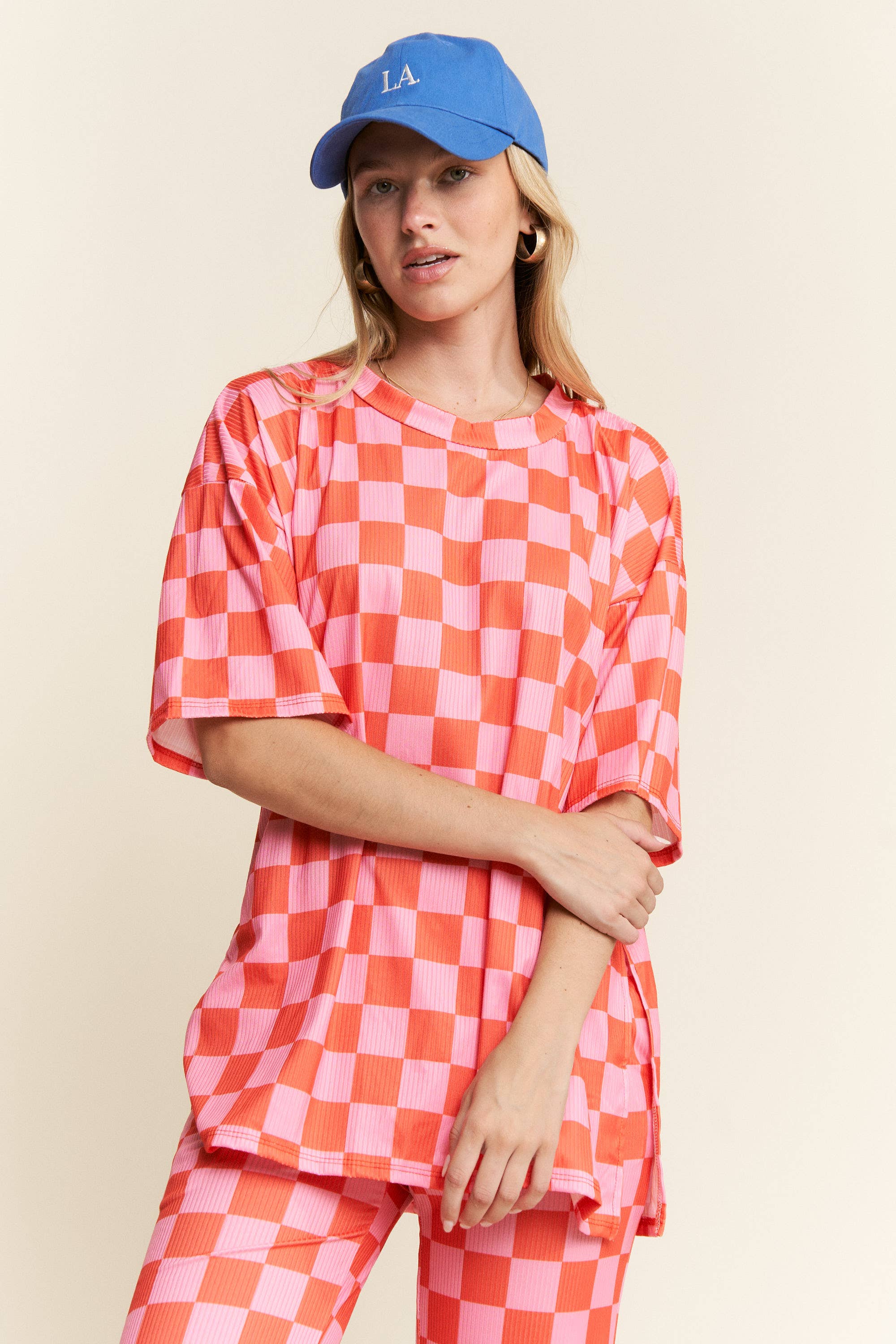 JADE BY JANE - Wholesale Lounge Set - Women's - RIBBED CHECKERED PRINT TOP/STRAIGHT LEG PANTS SET46