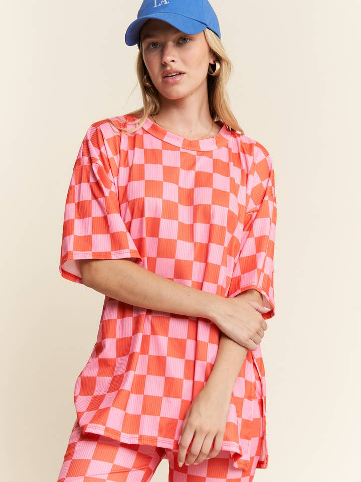 JADE BY JANE - Wholesale Lounge Set - Women's - RIBBED CHECKERED PRINT TOP/STRAIGHT LEG PANTS SET46