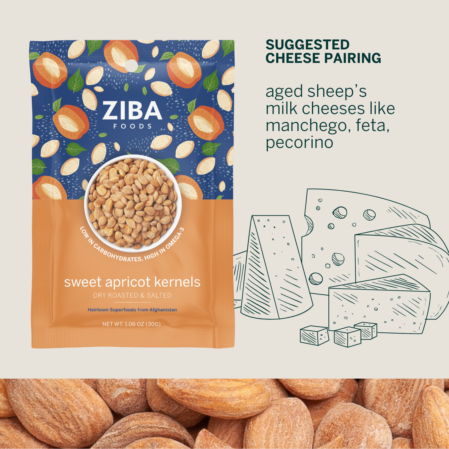 Ziba Foods – wholesale Nötter – Söta aprikosfrön (torrrostad och saltad) Vegan 1oz7