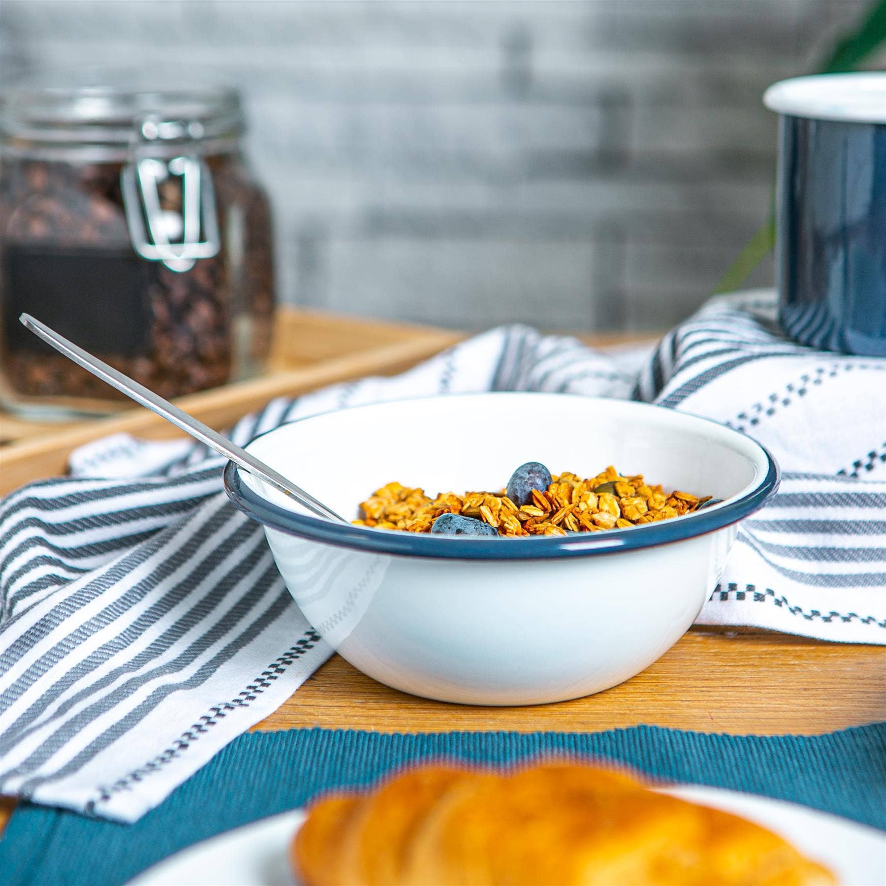 Rinkit Ltd – wholesale Bowl – Argon Tableware White Enamel Bowl - 16cm - Navy1