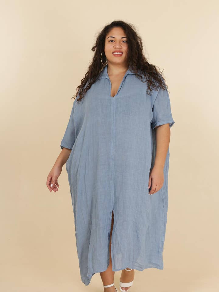 Vestido holgado con escote en V, talla única, 100 % lino, modelo 69036 para venta al por mayor de la maison des fibres naturelles