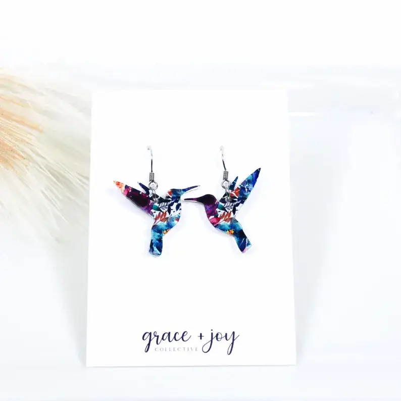 Grace + Joy Collective - Wholesale Dangle Earrings -  Cherry Blossom Hummingbird Dangle Earrings, Acrylic Earring7