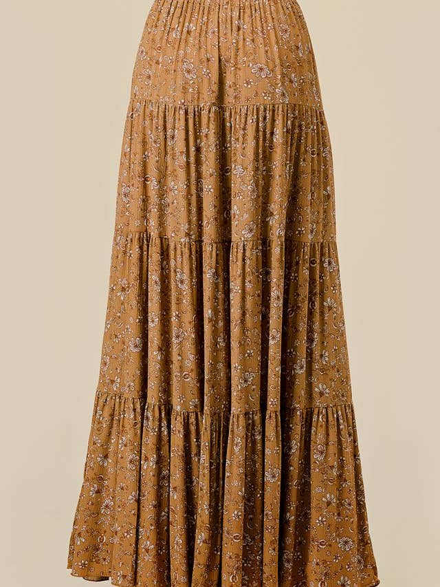 Saints & Hearts - Wholesale Skirt - Women's - SS1147G MUSTARD/GOLD PAISLEY PRINT TIERED MAXI SKIRT