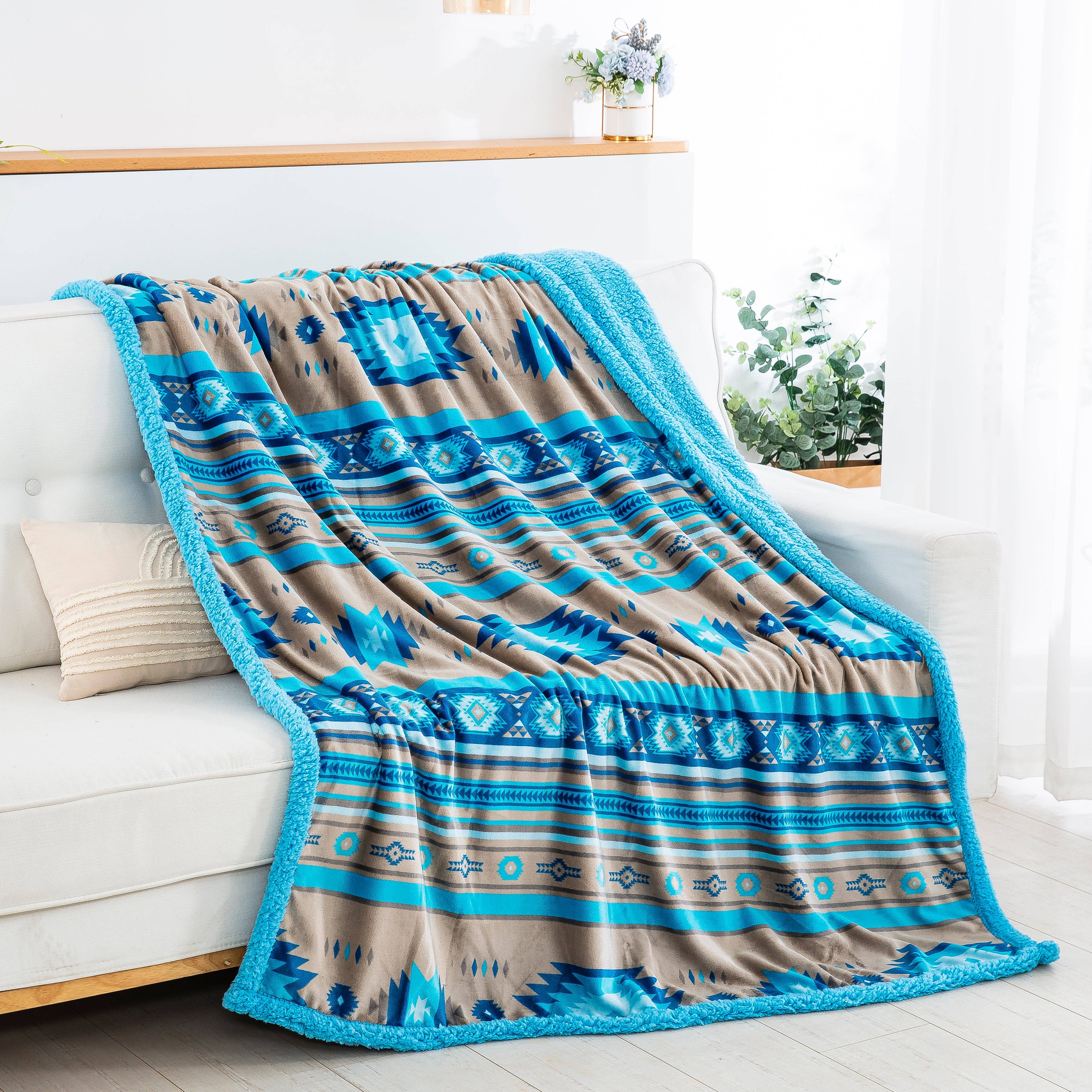 Linen Mart - Wholesale Throw Blanket - Stella Aztec Sherpa Line Throw  Blanket3