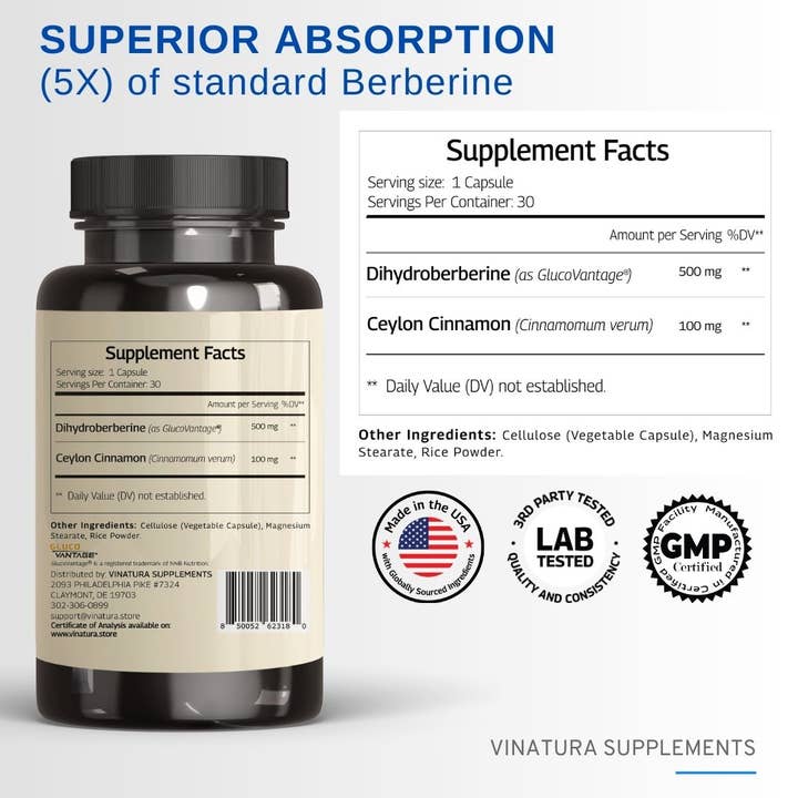 VINATURA SUPPLEMENTS - Wholesale Oral Supplement/Vitamin - DihydroBerberine with Ceylon Cinnamon1