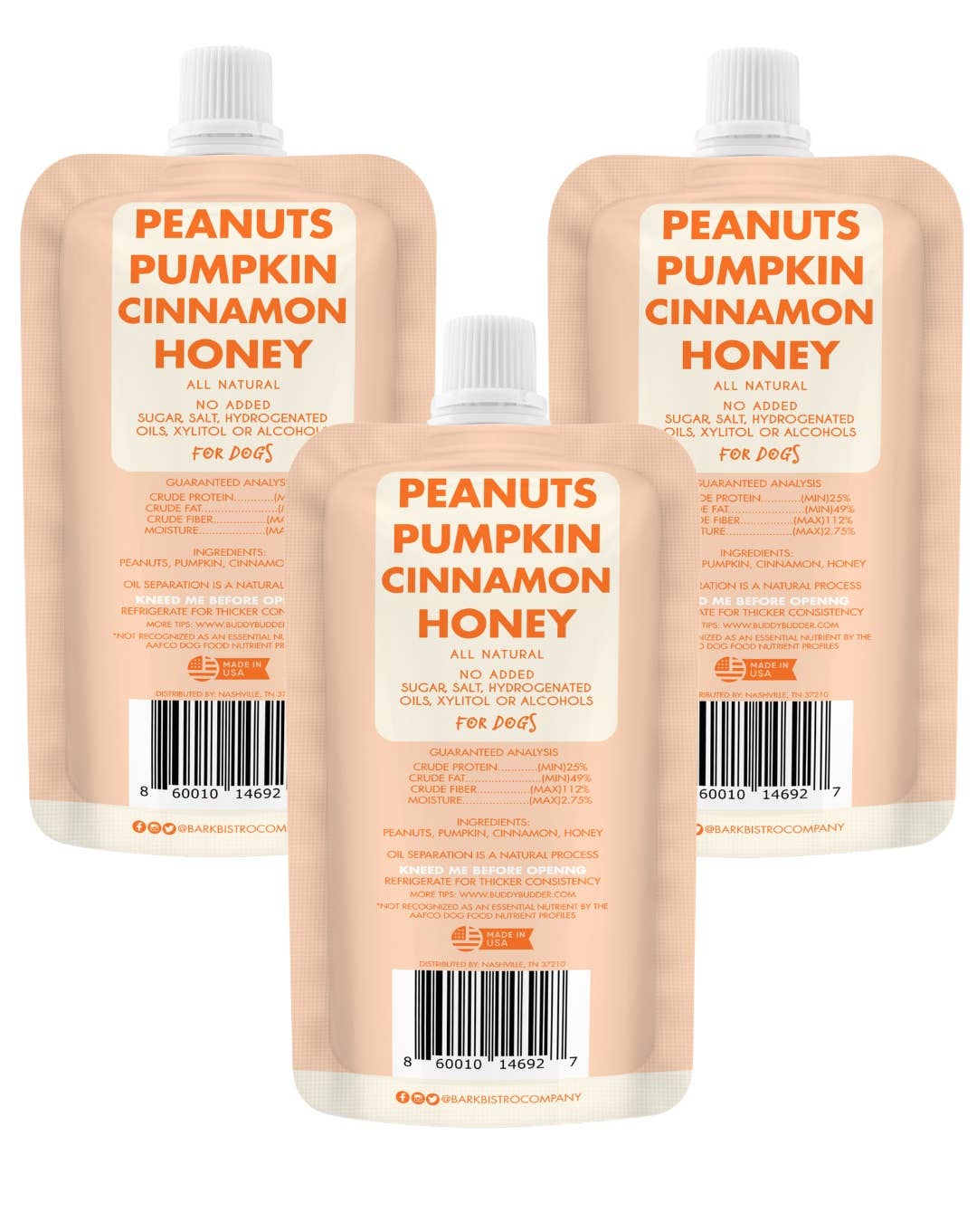 Bark Bistro - Wholesale Pet Treats - Dog - Dog Peanut Butter - 4oz Squeeze Packs Pumpkin Pup Budder1