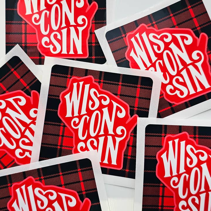 Wi-Wear - Wholesale Sticker - Wisconsin Retro Red Plaid Sticker - Glossy Indoor/Outdoor1