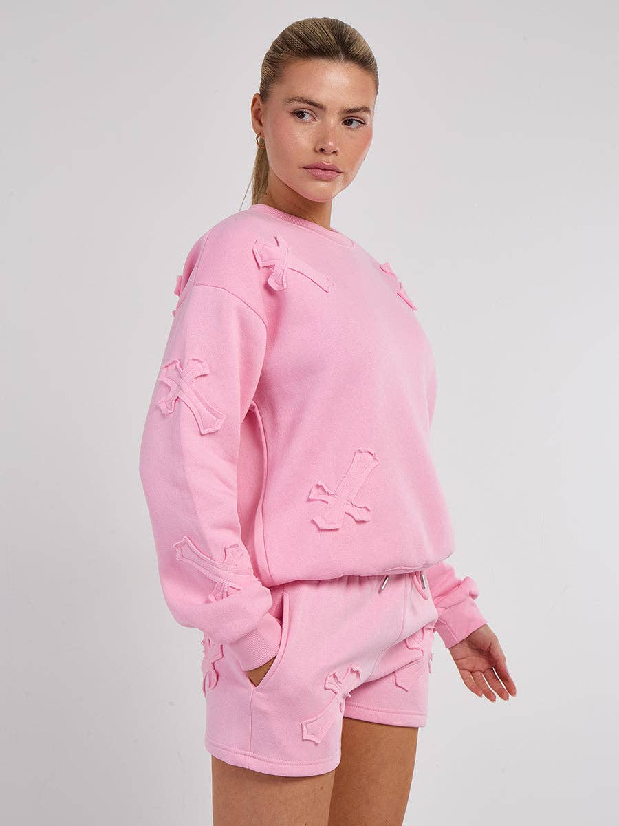 AX Labels - Wholesale Lounge Set - Women's - Crucifix Embroidered Sweatshirt & Shorts Fleece Co-ord40