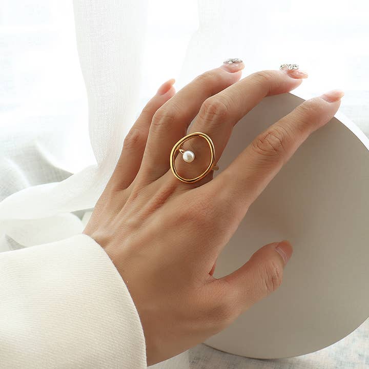 Gemcohub - Wholesale Cocktail/statement ring - 18K Gold Plated Geometric Imitation Pearl Ring6