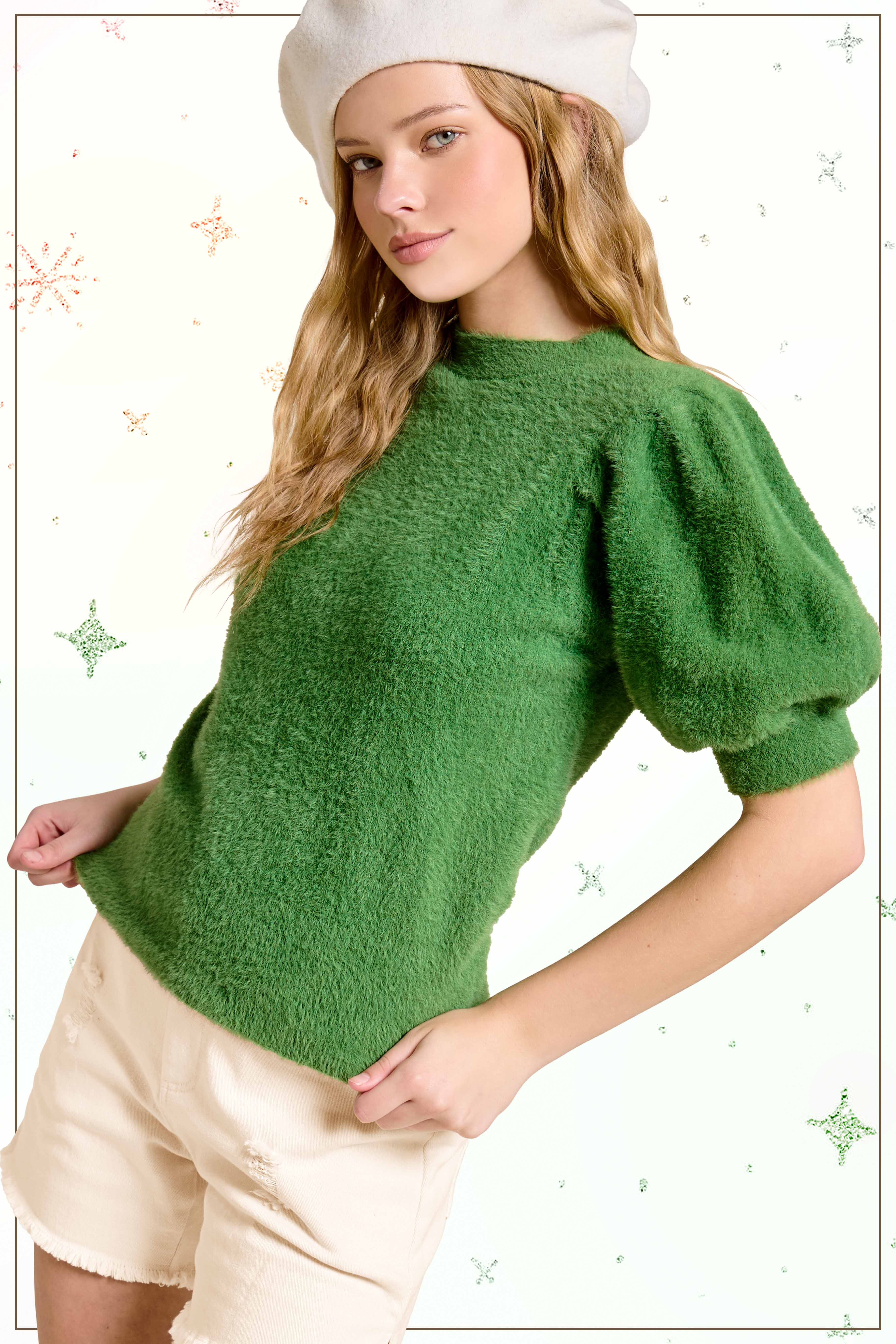 La Miel - Wholesale Blouse - Women's - JCS3554-Soft Mohair Puff Short Sleeve Knit Top4