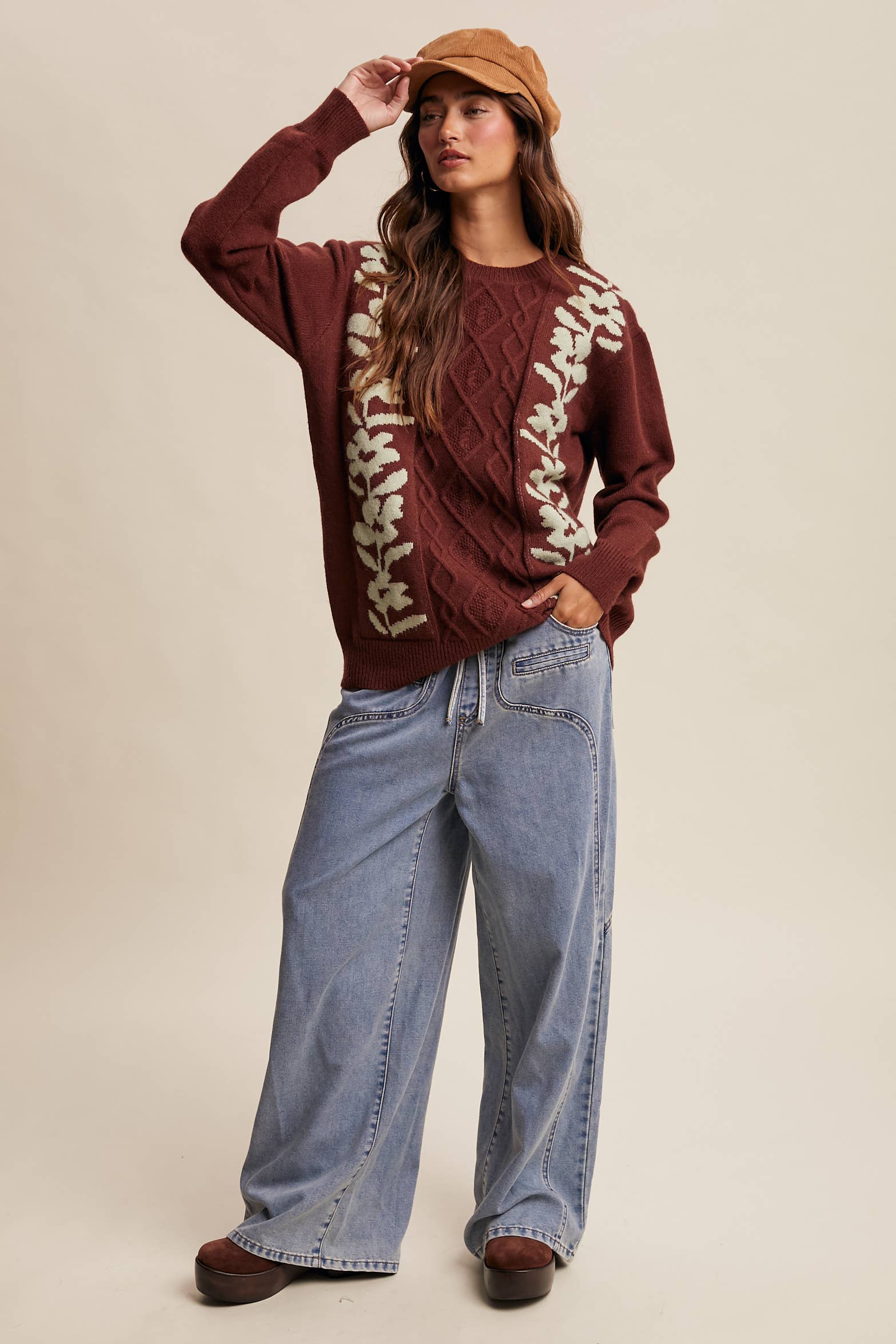 Listicle - Wholesale Knit Sweater - Women's - Floral Panel Cable Knit Sweater (LSW0880)39