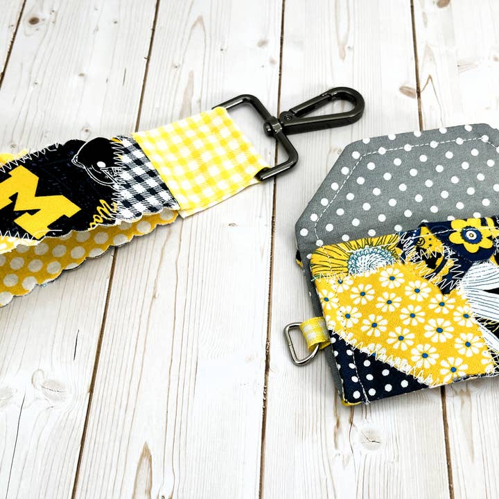 Michigan Wolverine patchwork wrist lanyard & wallet set; UM for wholesale by Plaid Spirit
