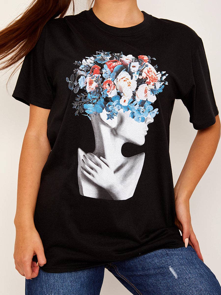 Black Flower Face Graphic Printed T-Shirt for wholesale on Faire0