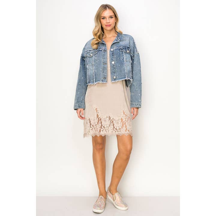 EMBELLISHED FRAYED DETAIL CORP DENIM JACKET for wholesale by VOCAL