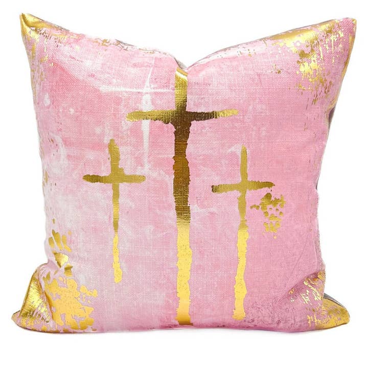 Baby Pink Golden Crosses Pillow - Nursery Pillow for wholesale by Rachel Brooks Design, LLC