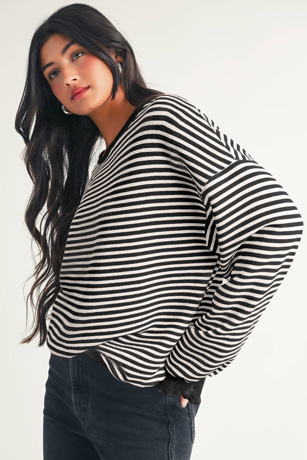 Little Daisy Closet - Wholesale Blouse - Women's - LDC Stripe Long Sleeve Drop Shoulder Top0