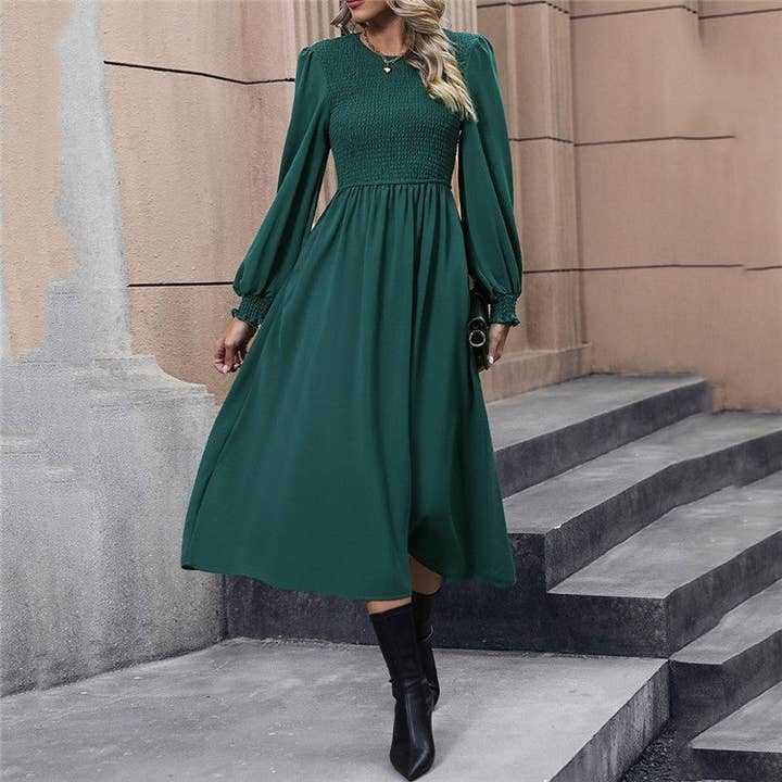 DEEP GREEN Solid Color Lantern Sleeve Waist Long Dress for wholesale on Faire9