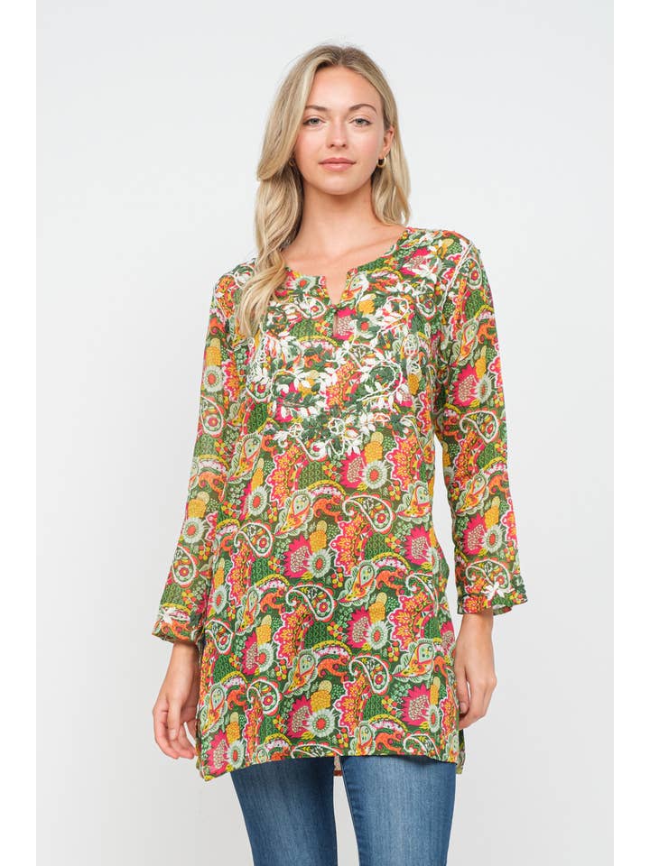Raj Trading & Imports (USA) Inc. - Wholesale Tunic - Women's - Hailey Olive Printed Embroidered Tunic