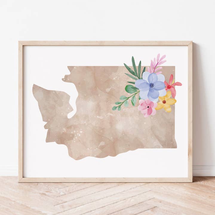 Washington bloemensilhouet kunstafdruk voor wholesale door Backstory Map Co.