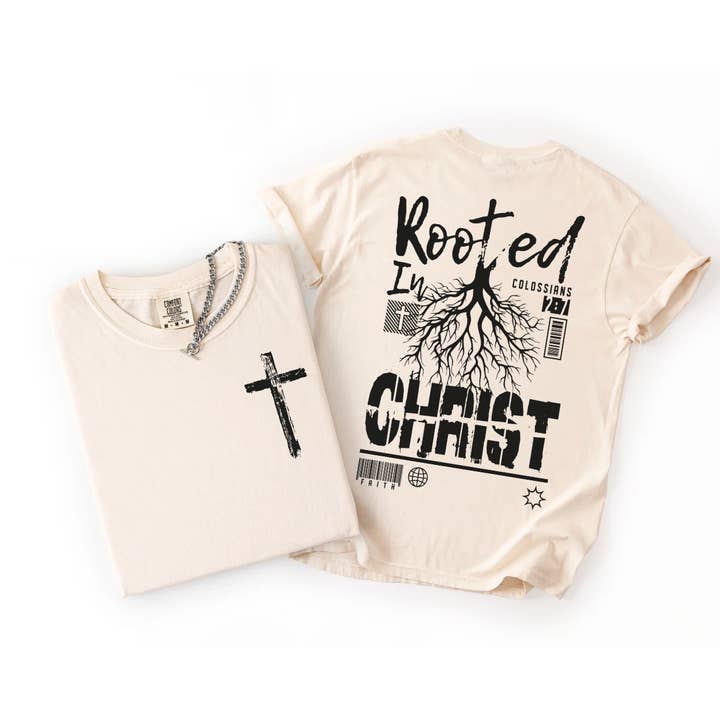 Lumiere Vive - Wholesale Screen Printed T-Shirt - Men's - Rooted in Christ – Men’s Back Graphic Faith Tee1