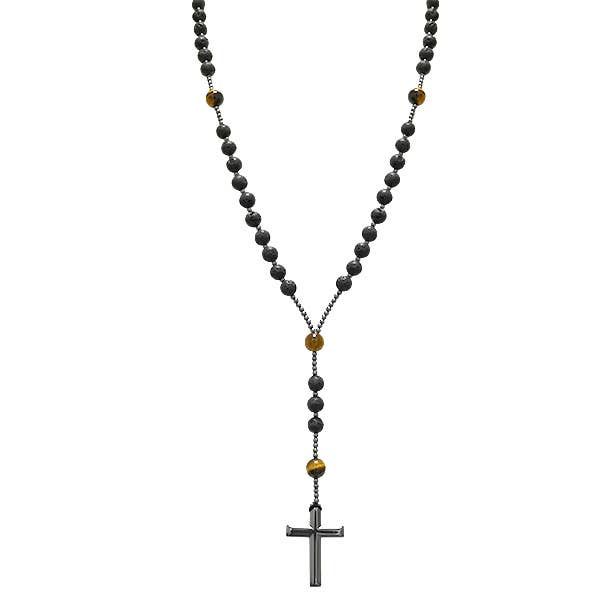 AMORINO SRL – Colar em Y/lariat por atacado – Colar Terço de Pedra com Cruz de Hematita - KM24184A9403