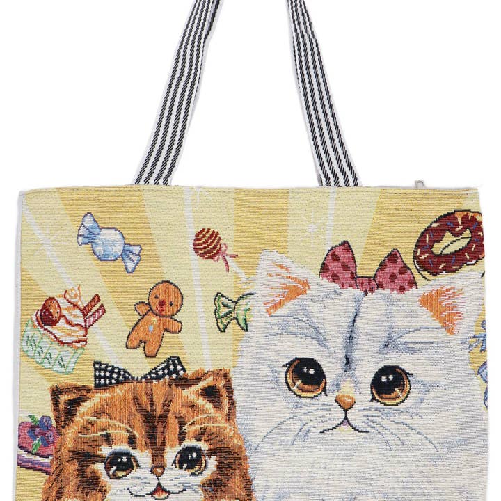 AS SHOWN Sweet Kitty Cat Shimmery Tapestry Canvas Tote Bag for wholesale on Faire
