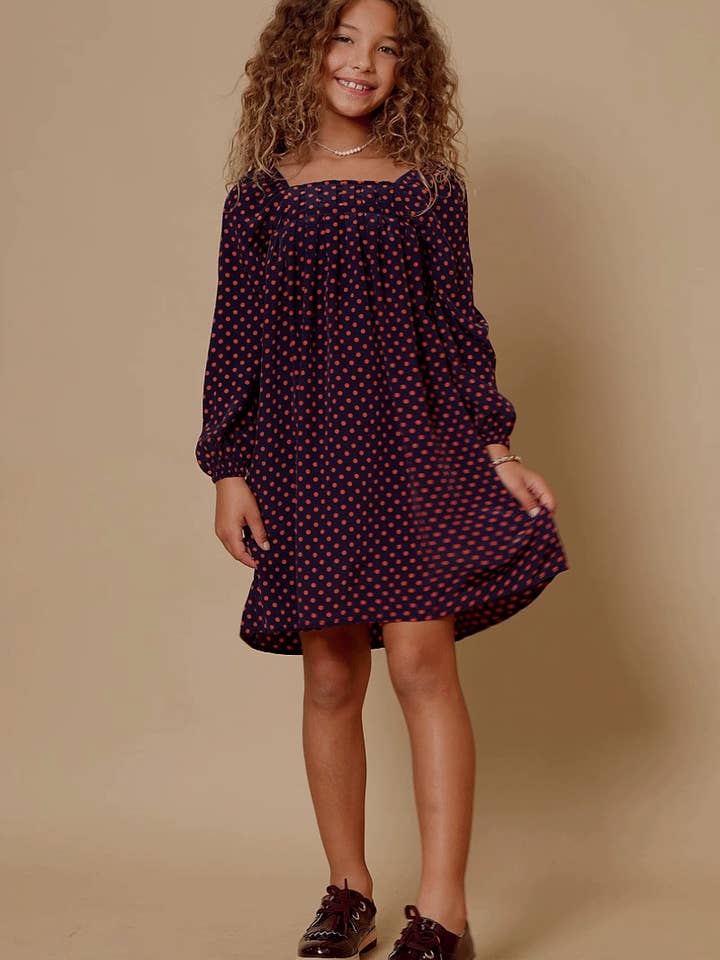 Navy Girls Polka Dot Print Square Neck Long Sleeve Dress for wholesale on Faire1