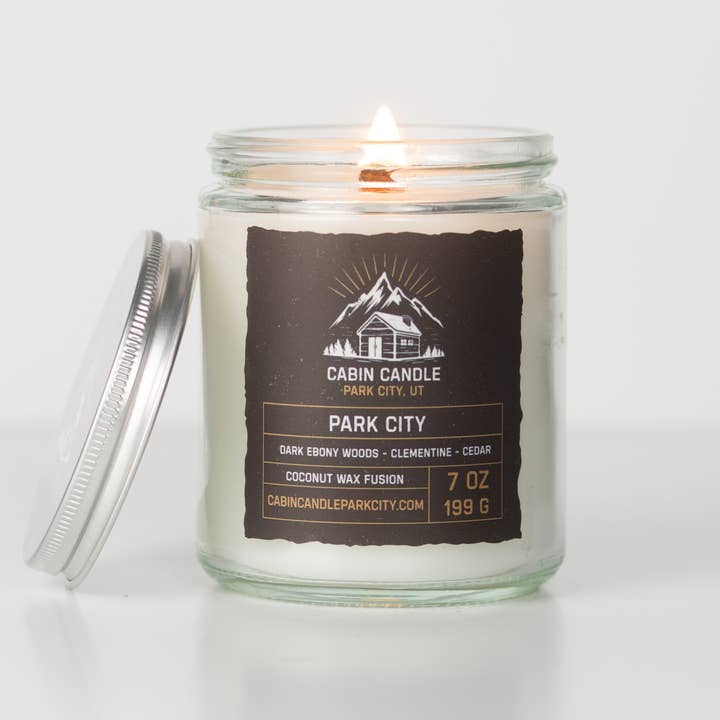 Wooden wick scented candle 7oz, Cabin Candle Park City for wholesale by Cabin Candle Park City