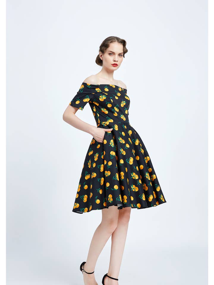 20324 | Kim | Fit & Flare Off-Shoulder Dress With Pockets for wholesale by Miss Lulo Canada