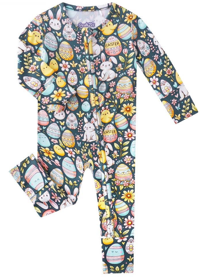 PoshTOT Easter Bunnies & Eggs Bamboo Baby Convertible Zippy Romper for wholesale by Charlie's Project Kids