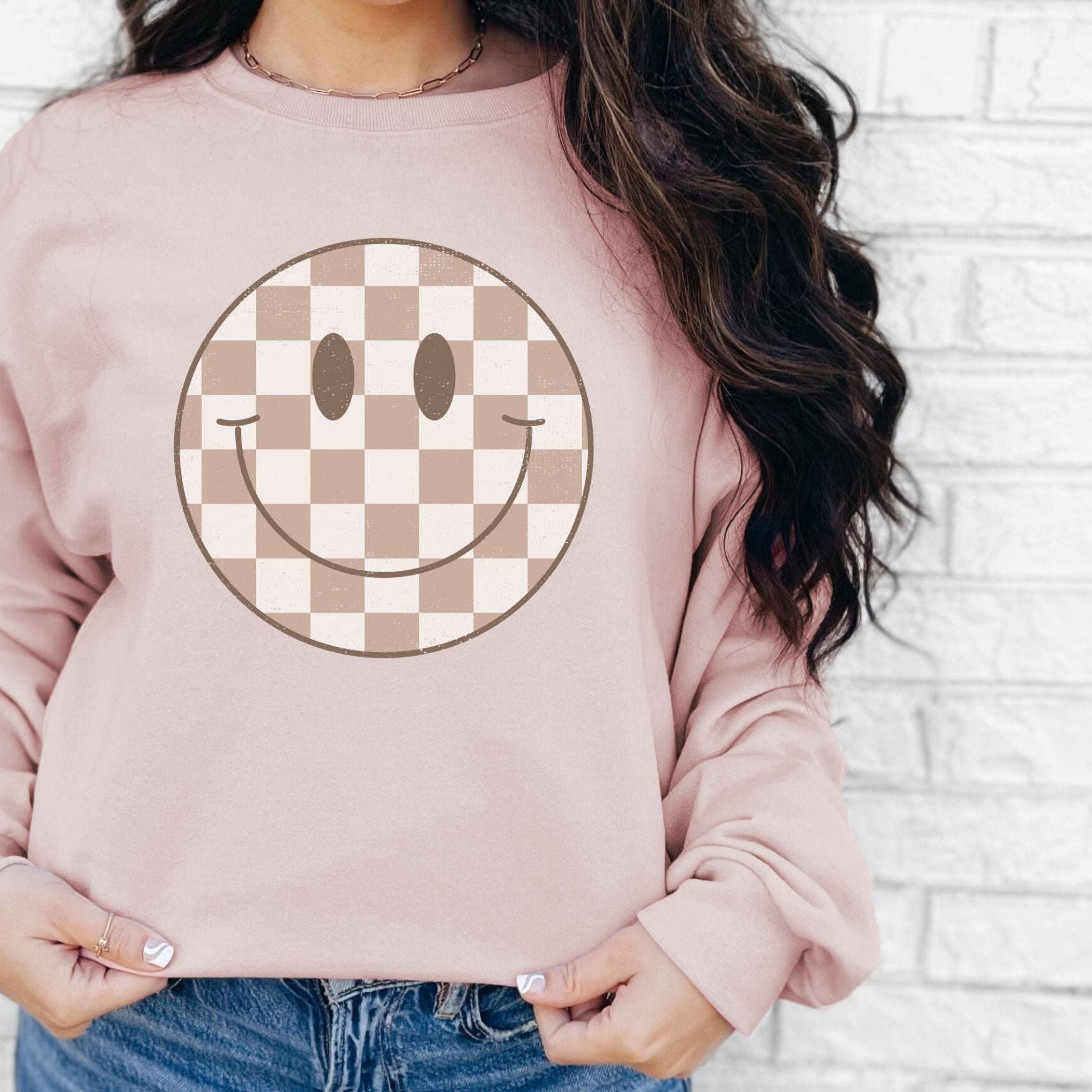 ChubbyBubbyBear - Wholesale Graphic Sweatshirt - Women's - Checked Smiley Crewneck Sweatshirt4