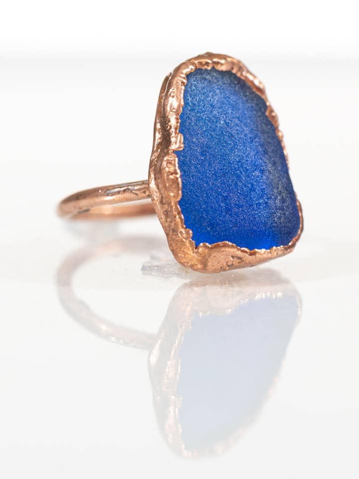 Electric Blue Sea Glass Ring sz 9 for wholesale by Silver Coast Designs
