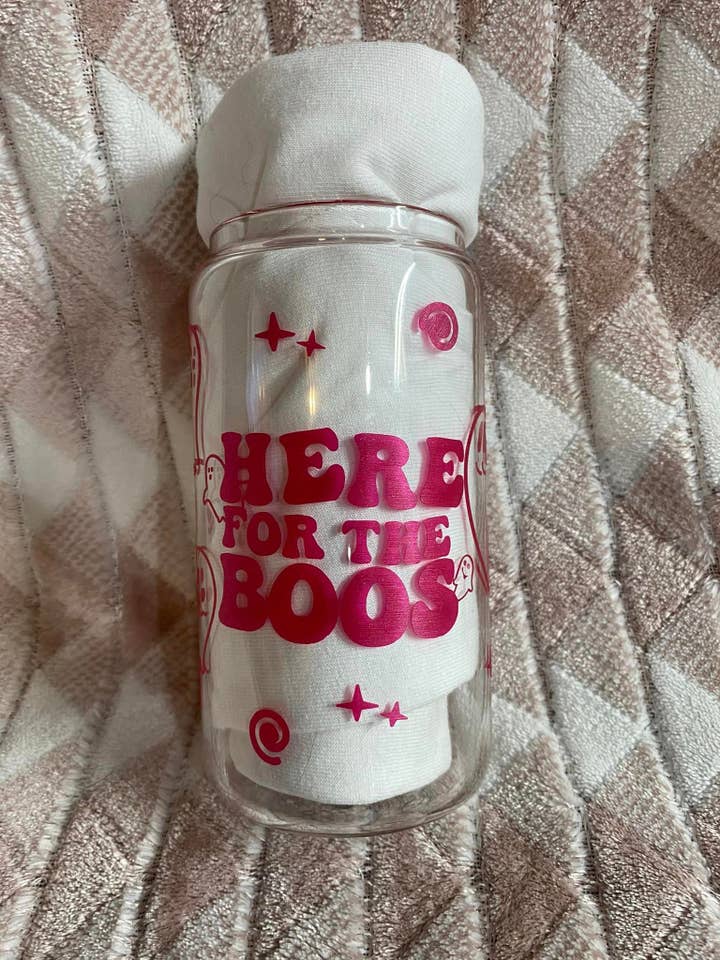 Here for the boos glass cup with lid and straw for wholesale by River Valley Boutique