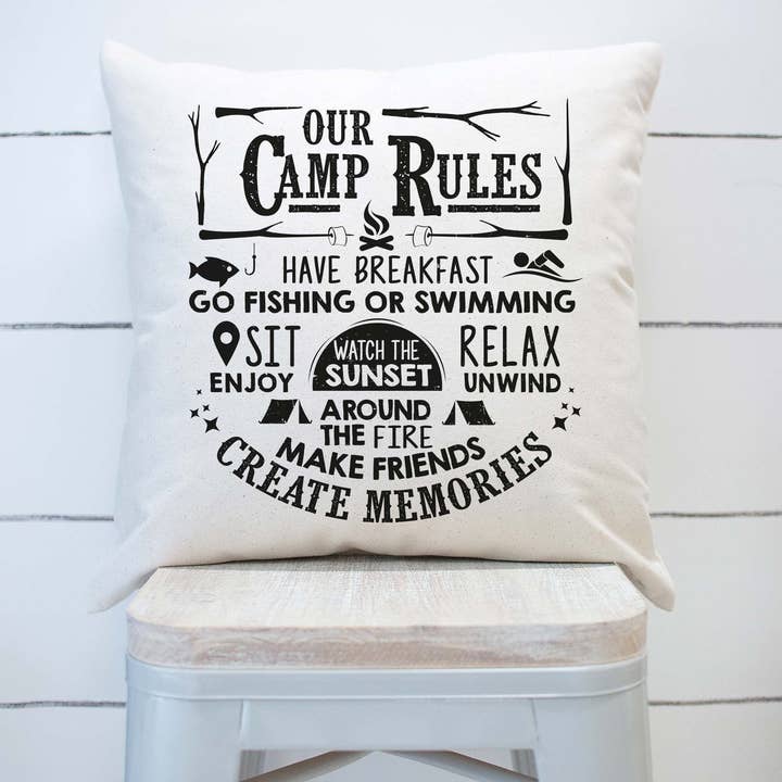 Our Camp Rules Pillow Cover Camper RV Camping Summer Decor for wholesale by Rising Tide Vintage