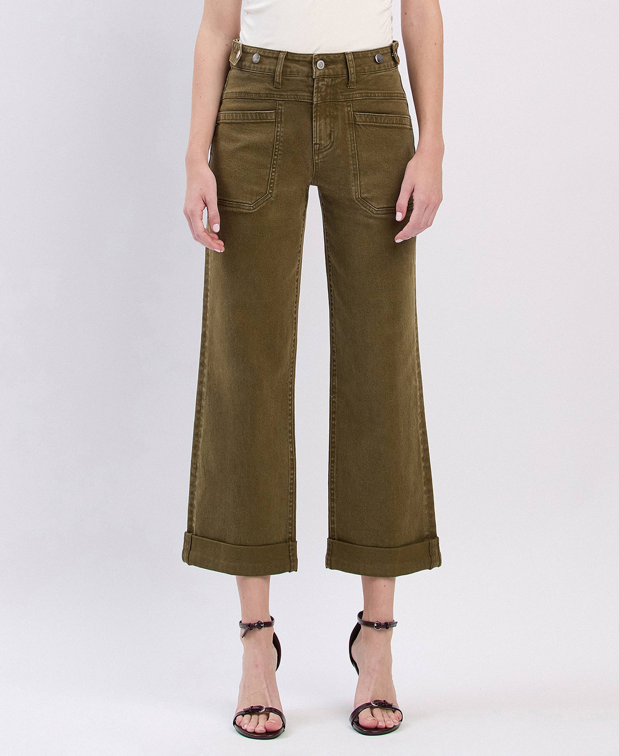 DARK OLIVE HIGH RISE TAB WAISTBAND CUFFED SLIM WIDE JEANS F5920DOL for wholesale on Faire0