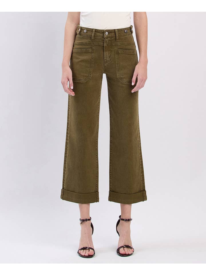 DARK OLIVE HIGH RISE TAB WAISTBAND CUFFED SLIM WIDE JEANS F5920DOL for wholesale on Faire