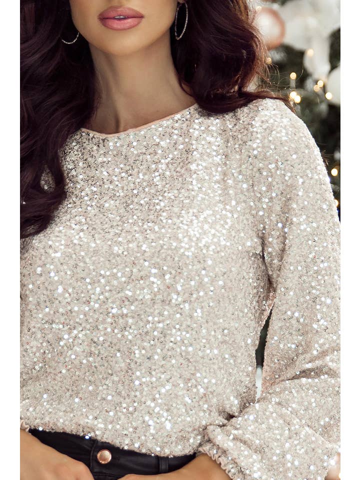 Silvery Sequin Puff Sleeve Cutout Back Blouse for wholesale on Faire