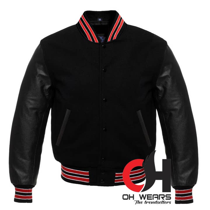 Giacca Varsity in Lana Nera e Maniche in Vera Pelle Nera per la vendita all'ingrosso da parte di OH Wears