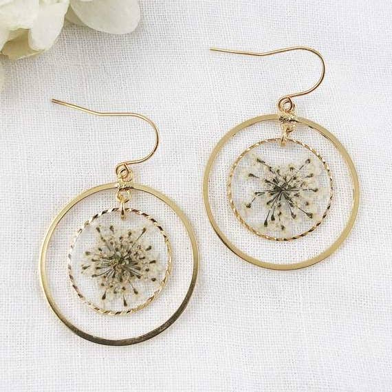 Queen Anne - Classic Gold Earrings With Pressed Flowers for wholesale by Grab Bag Botany