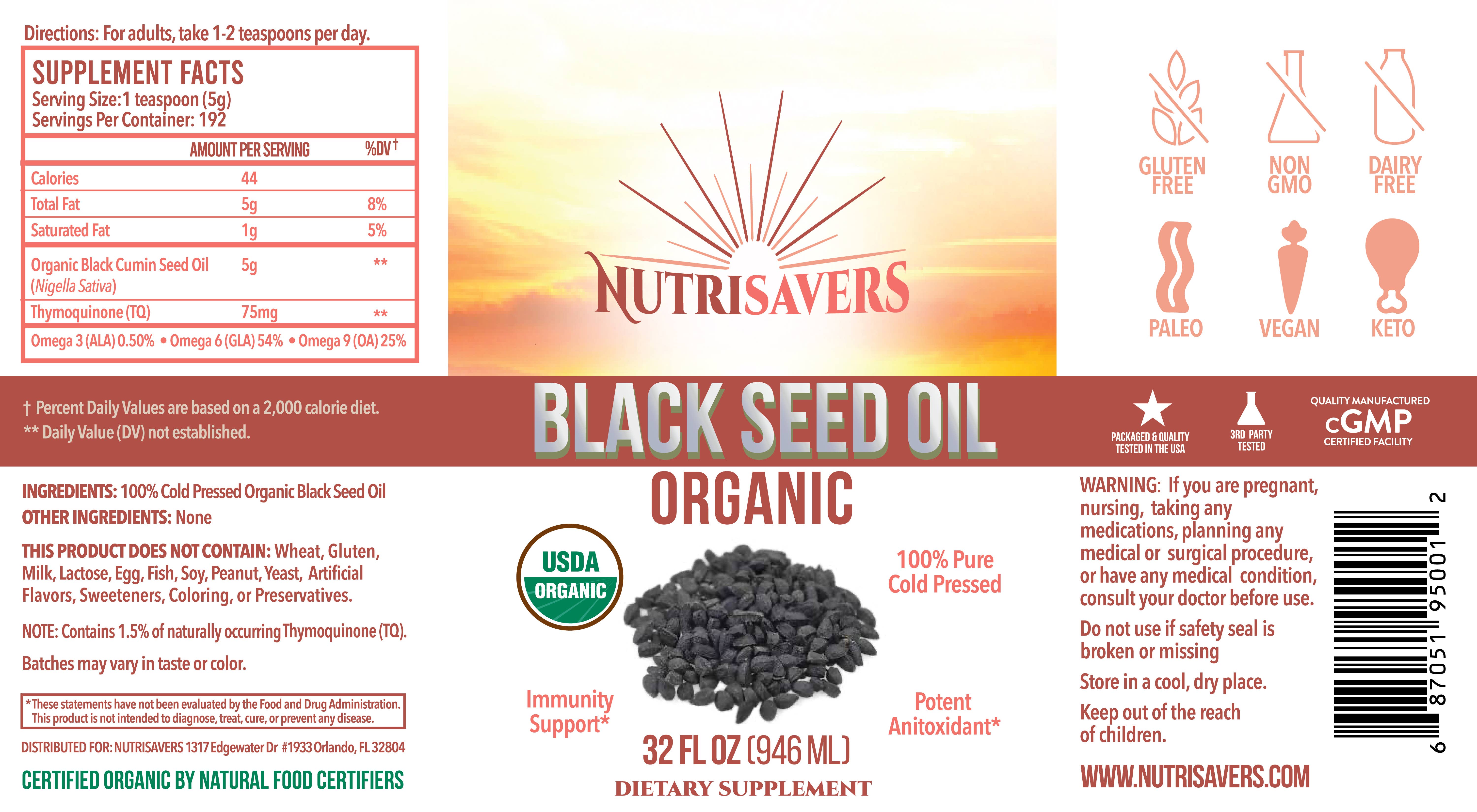 California Essentials - Wholesale Oral Supplement/Vitamin - NUTRISAVERS CERTIFIED USDA BLACK SEED OIL LIQUID-MULTI SIZES4