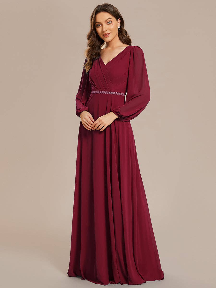 Ever-Pretty - Wholesale Gown - Women's - Elegant waisted chiffon V-neck Long Sleeve guest Dress18