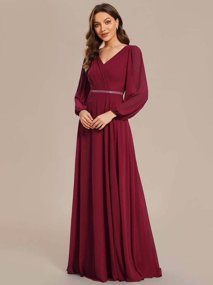 Ever-Pretty - Wholesale Gown - Women's - Elegant waisted chiffon V-neck Long Sleeve guest Dress18
