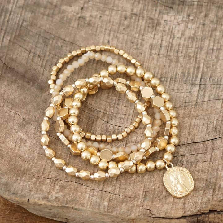 PennyLine inc - Vente Bracelet de perles - Pile de bracelets Boho avec une pièce en or usé