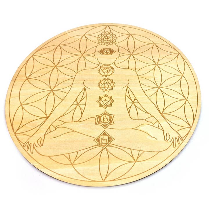Shamans Crystal - Wholesale Crystal Grid - Crystal Grid Plates Round In Wood, 20cm Wide, Flower of Life32