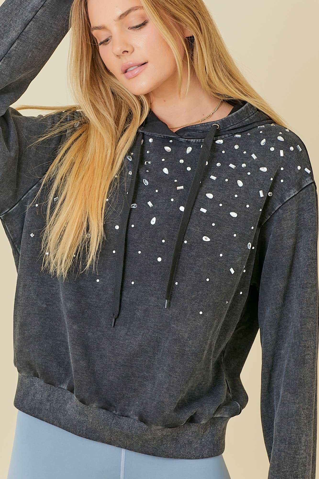 BLACK Washed Hoodie With All Over Rhinestone Detail for wholesale on Faire2