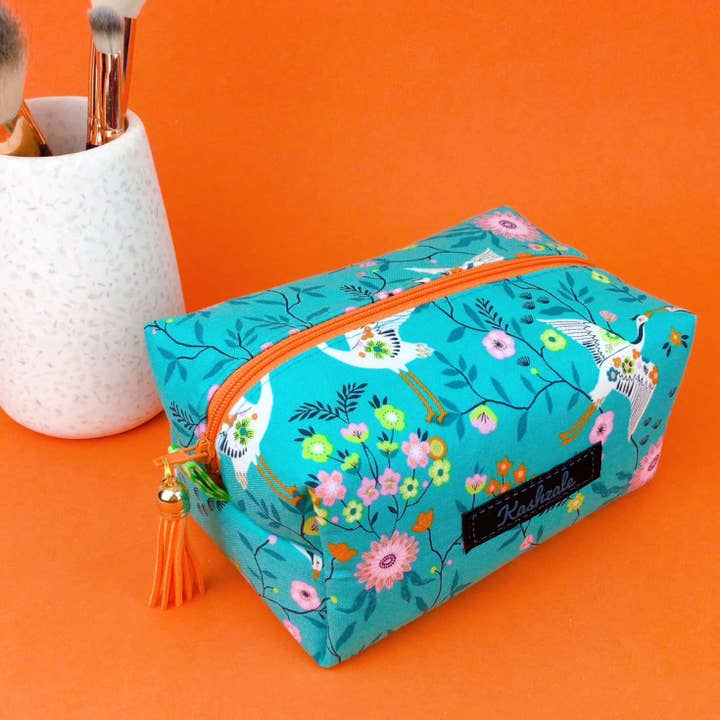 Aqua Cranes Medium Box Makeup Bag. Aqua Makeup Bag for wholesale by Kashzale Handmade Cosmetic Bags