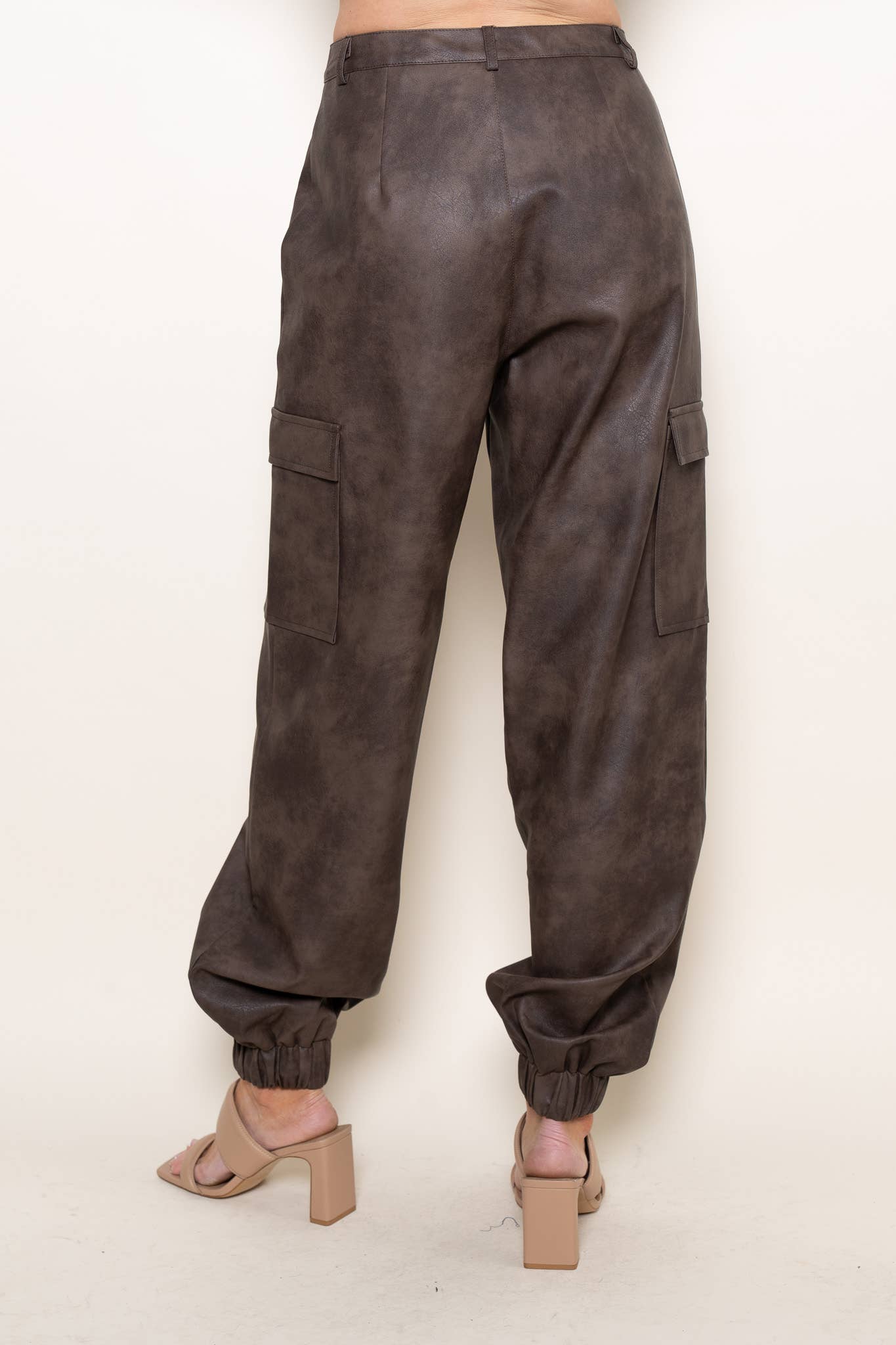 Brown PLEATHER CLASSY CUFFED CARGO JOGGERS-PI6888FO for wholesale on Faire9