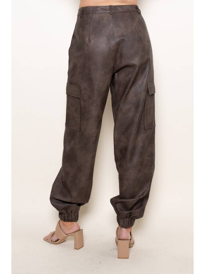 Brown PLEATHER CLASSY CUFFED CARGO JOGGERS-PI6888FO for wholesale on Faire9